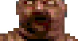 Pixelated depiction of a butcher with a fierce expression, evoking strong themes of blood and raw power in the art.