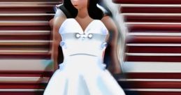 Stylized illustration of a woman in a white dress, embodying elegance and charm in a vibrant setting.