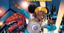 Lunella Lafayette skates joyfully with Devil Dinosaur in a vibrant city scene, showcasing youthful energy and adventure.