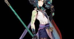 Xiao from Genshin Impact, wielding a spear with an aura of green magic, showcasing his enigmatic character design.