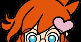 Penny from WarioWare Gold: cartoon character with red hair, glasses, and a lab coat with hearts. Fun game art style.