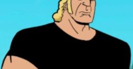 Brock Samson, muscular character with blonde hair and a black shirt, exuding strength and confidence in a vibrant setting.