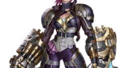 Vi from League of Legends, showcasing her signature gauntlets and punk-inspired armor in a striking pose.