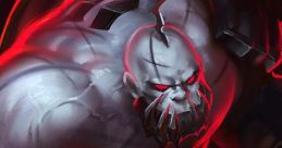 Sion from League of Legends, showcasing his menacing look with glowing red eyes and fierce expression in dark surroundings.