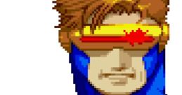 Cyclops from X-Men vs. Street Fighter, featuring iconic blue suit and visor, ready for action in classic pixel art style.