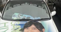 Saya Hiyama's car display featuring her signature and vibrant portrait, showcasing her charm and fan appeal.