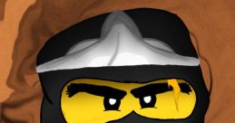 Cole Kirby from Ninjago with fierce expression, wearing a black mask and armor, against a dynamic orange backdrop.