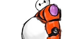 Baymax character sketch from Big Hero 6, featuring the orange Titan suit design, showcasing its unique rounded shape.