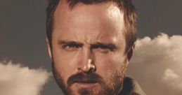 Jesse Pinkman in a rugged outfit against a cloudy backdrop, showcasing his intense character from the series.