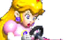 Princess Peach racing in her pink kart from Mario Kart 64, showcasing her signature blonde hair and royal attire.