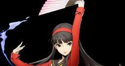 Yukiko Amagi in a stylish red outfit, elegantly wielding a fan and cards, showcasing her unique persona abilities.