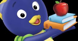 Pablo from The Backyardigans joyfully holds books and an apple, promoting fun learning and adventure for kids.