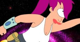 Leela from Futurama flying through space, showcasing her adventurous spirit and iconic purple hair against a cosmic background.