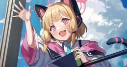 Cheerful Saiba Momoi from Blue Archive waves excitedly, wearing cat ears and a cute outfit, against a sunny sky backdrop.