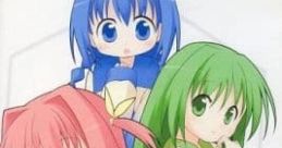 Three cute characters from the MagiMagi video game with vibrant hair colors, showcasing their playful and magical essence.