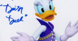 Daisy Duck, animated character by Disney, dressed in royal attire, signed by voice actress Tress MacNeille.