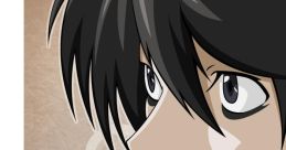 L Lawliet from Death Note in a stylized, close-up profile illustration, showcasing intense expression and distinctive hair.