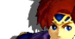 Roy from Super Smash Bros. Melee, showcasing his vibrant red hair and iconic armor in a classic pixel art style.