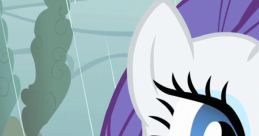 Close-up of Rarity from My Little Pony, showcasing her stylish mane and distinctive cutie mark against a rainy backdrop.