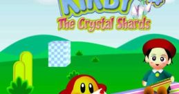 Kirby, Waddle Dee, and a character enjoy a picnic in Kirby 64: The Crystal Shards, featuring vibrant colors and playful elements.