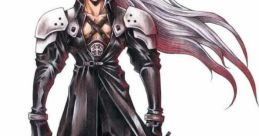 Sephiroth character design showcasing his iconic long silver hair, black coat, and sword from Final Fantasy series.