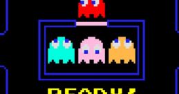 Four colorful ghosts with "READY!" prompt in classic Pac-Man arcade game maze, inviting players to start the adventure.