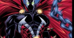 Dynamic portrayal of Spawn, featuring his iconic red cape, glowing eyes, and menacing chains, embodying dark heroism.