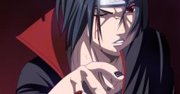 Itachi Uchiha in Akatsuki robe, demonstrating his powerful Sharingan with intense expression and iconic ring.