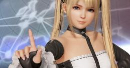 Marie Rose from DOA poses playfully in a black and white outfit, embodying her charming and mischievous character.