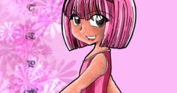 Cute cartoon character Stephanie from LazyTown with pink hair and a stylish pink outfit, set against a floral pink background.