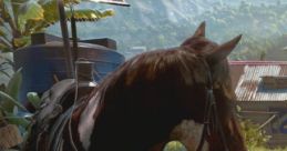 Brown and white horse with a saddle stands near a solar panel, set against a lush, tropical landscape in Six (V1.5).