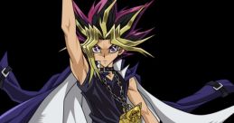 Yami Yugi striking a powerful pose, showcasing his iconic hairstyle and duel accessories against a dark background.