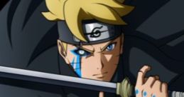 Naruto Uzu with blonde hair and blue markings, wielding a sword and showcasing his ninja skills. Action-packed pose!