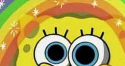 SpongeBob SquarePants expresses joy with a rainbow backdrop, proclaiming "Wow! It is perfect!" Captivating cartoon moment.