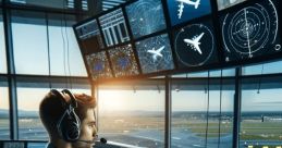 Air traffic controller monitors flight data from multiple screens in a control tower, ensuring safe aircraft navigation.