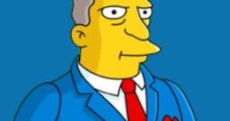 Chalmers from The Simpsons Game in a blue suit with a red tie, standing against a solid blue background.