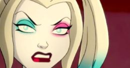 Harley Quinn from DCAU with striking makeup and distinctive costume, showcasing her fierce personality.