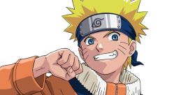 Naruto Uzumaki, wearing an orange jumpsuit, grins confidently with a clenched fist, embodying his spirited personality.