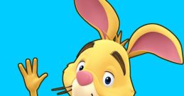 Cheerful Rabbit from Winnie the Pooh waves hello, showcasing his signature long ears and bright yellow fur against a blue background.