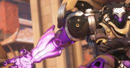 Ramattra in dynamic pose, showcasing his sleek purple armor and powerful robotic design in an Overwatch setting.