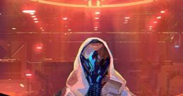 Futuristic hooded figure with cybernetic features in a neon-lit environment, embodying themes of technology and mystique.