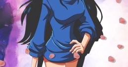 Nico Robin poses confidently in a blue sweater with petals around her, showcasing her unique style and enigmatic allure.