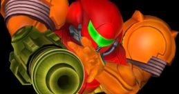 Samus in her iconic armor, poised for action in Super Smash Bros. Melee, showcasing her powerful arm cannon.