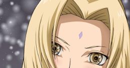 Tsunade smiles confidently, her long blonde hair framing her face, surrounded by a soft, snowy background.