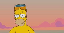 Homer Simpson in swimwear at the beach, wearing a snorkel and holding a knife, with a colorful sunset background.