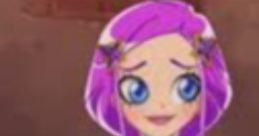 Carissa from Lolirock with vibrant purple hair, wearing a magical outfit and posing happily in a colorful setting.