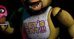 Chica from FNAF 1 holding a cupcake, featuring "LET'S EAT!!!" slogan, showcasing her playful and eerie character vibe.