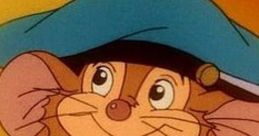 Fievel Mousekewitz smiling in a cozy outfit, ready for adventure in "An American Tail" (1986) with a signature blue hat.