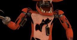 Foxy from FNAF1, featuring a damaged robotic body with a computer voice, stands menacingly against a black background.