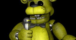 Golden Freddy from FNAF 1 holding a microphone, featuring a menacing grin and a vintage appearance, embodies eerie nostalgia.